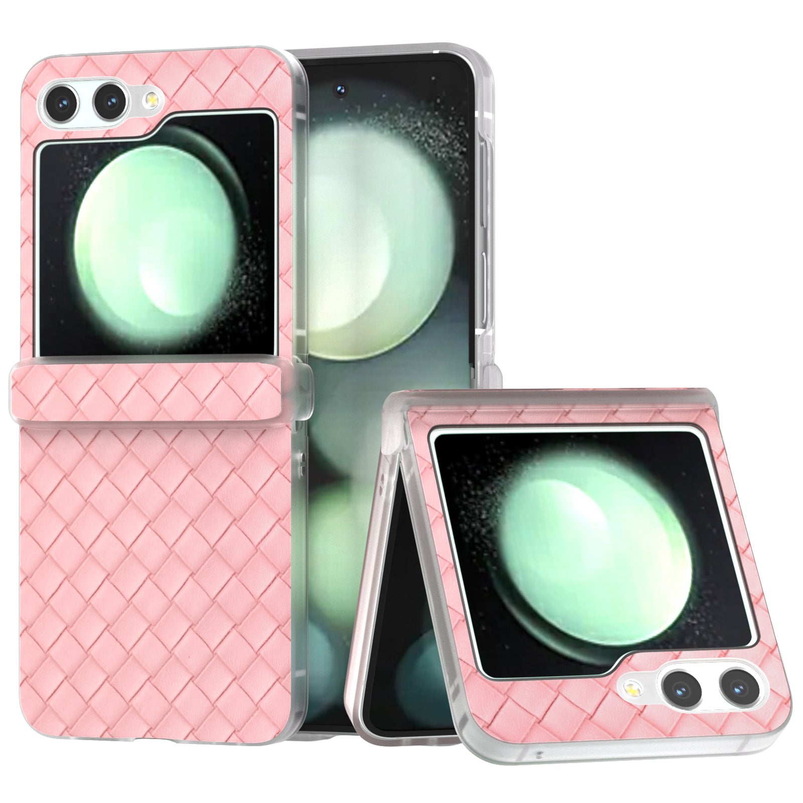 For Samsung Galaxy Z Flip6 5G Case Woven Texture Hinge Protection Leather+PC Folding Phone Cover - Pink For Samsung Galaxy Z Flip6 5G Case Woven Texture Hinge Protection Leather+PC Folding Phone Cover - Pink
